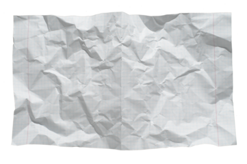 Wrinkled school notebook sheet with creased grid paper, blue lines on white background, isolated texture for notes, math, sketches, scrapbooking, and design projects.