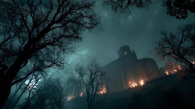 Castle wall stretches across dark hill. Flames burn below gothic mansion building in night fog. Tree branches frame horror silhouette. Moon glows faintly through darkness over haunted flame lit castle