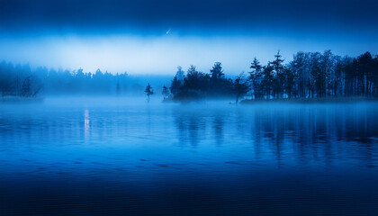 Obraz premium A Serene Misty Landscape With A Reflective Surface Under A Dramatic Blue Light Creating An Ethereal Atmosphere