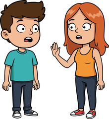 Boy and girl having a surprised conversation with expressive gestures in casual clothing vector illustration 