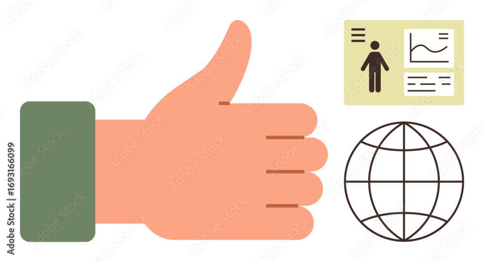 Aufkleber hand giving a thumbs-up next to a globe grid and data dashboard with charts and profile details. ide
