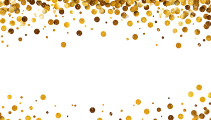 Gold confetti on black background.  A horizontal banner of gold circular confetti.  The confetti is various shades of gold.  Dark black background.  Circular shapes