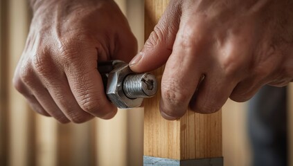 Fototapeta premium Close-up of a worker's hands tightening a nut and bolt on a wooden frame with a ratchet wrench.