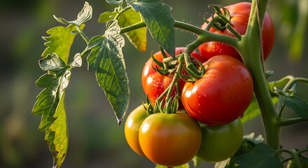 Ripe Tomatoes Growing on the Vine in the Sunlight.