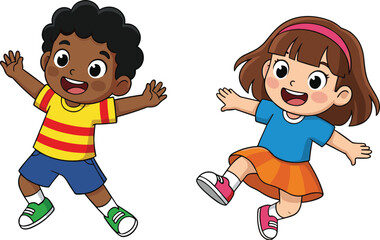Cartoon, children, jumping, dancing, happy, playful, colorful, fun, movement, joy, illustration, kids, energy, expression, excitement, character, pose, smile, activity, animation