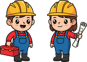 Cartoon, construction, workers, characters, hard hat, blueprint, toolbox, safety, uniform, job, profession, teamwork, illustration, animated, labor, engineer, builder, site, gear, equipment, pose