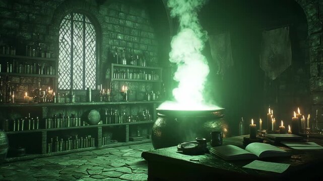 In a mysterious and enchanting ancient, an enigmatic potion is brewing, as green smoke eerily rises from the simmering cauldron, creating an otherworldly atmosphere filled with secrets and wonderment