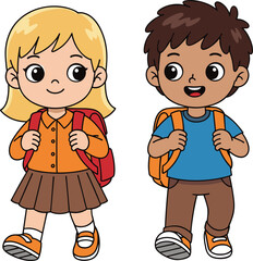 Children, walking, school, cartoon, backpack, diversity, friendship, happy, students, education, kids, illustration, cheerful, activity, learning, character, pose, morning, casual, animated