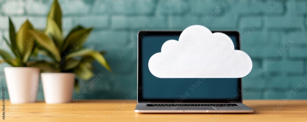 Poster laptop showing cloud computing icon on screen, data , cloud