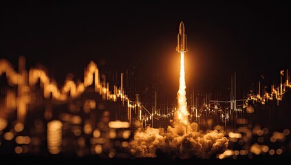 Rocket launch over city with financial data