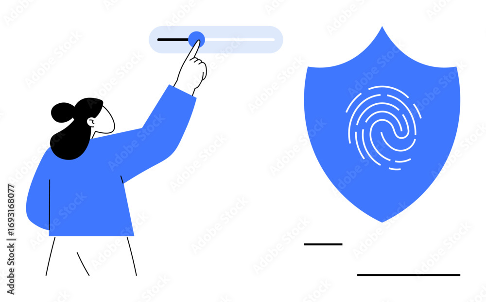 Poster person interacting with interface slider, shield with fingerprint suggesting security. ideal for dat
