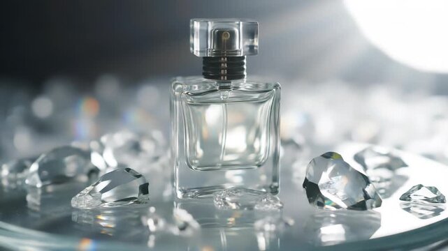 A clear glass perfume bottle sits elegantly surrounded by numerous sparkling diamonds, illuminated by a soft, diffused light source creating a luxurious and radiant atmosphere.