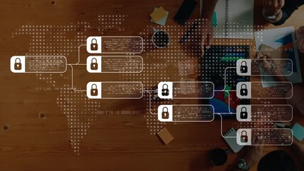 A top-down view of a collaborative workspace showcasing laptops, lock icons, and various office supplies, emphasizing the importance of data security and teamwork in a digital environment. Raster
