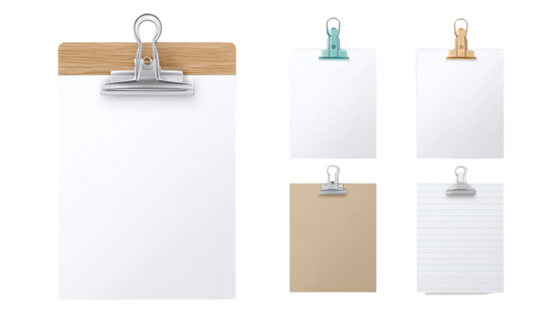 Four empty clipboards with various colored paper