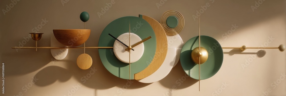 Poster modern wall clock design featuring a unique blend of shapes and colors in a stylish interior setting