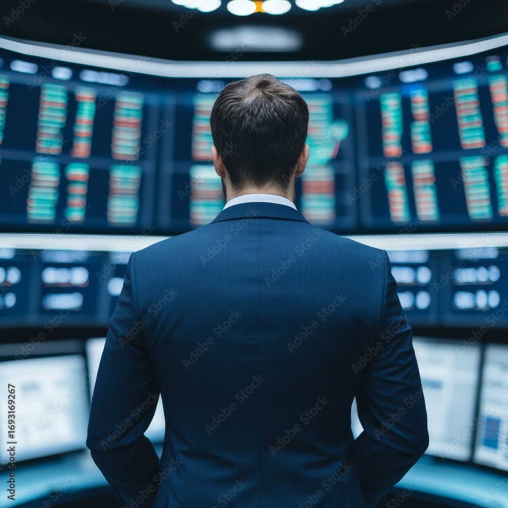 Poster man in suit staring at multiple data screens, financial data , analyst