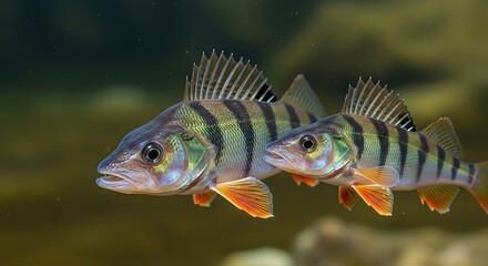 Two Yellow Perch Swimming in the Water.