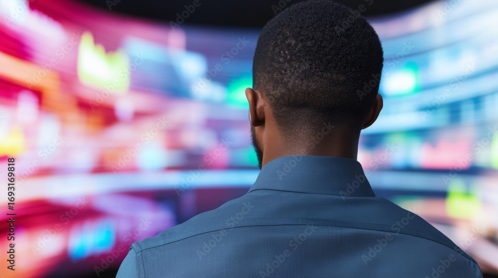 Poster man watching blurred charts and data on screen,analysis ,tech