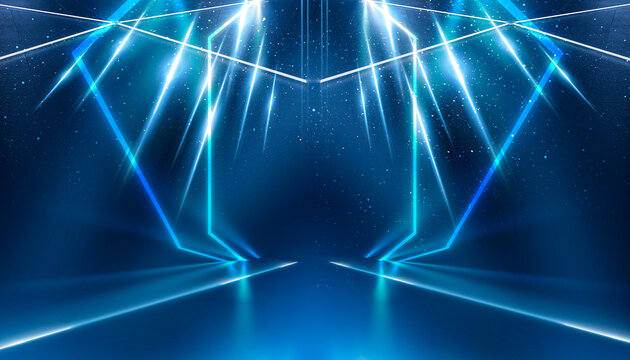 Abstract futuristic neon background, glow, light reflection.