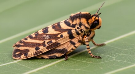 Striking moth with intricate patterns on leaf.