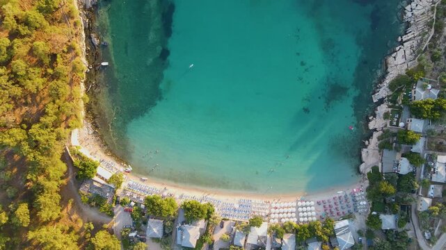 Aliki beach, Thassos Island, Greece Amazing sea with clear blue water. Aerial panoramic drone view from above, top view from drone. Summer holidays Europe
