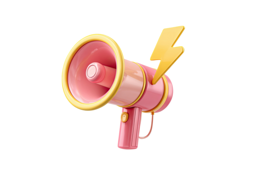 Pink megaphone with lightning bolt, 3D style