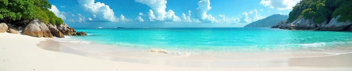 Obraz premium Idyllic beach scene on a sunny day, turquoise water gently lapping the shore, soft white sand, clear sky, tropical paradise, perfect vacation getaway , seaside, coast, sun