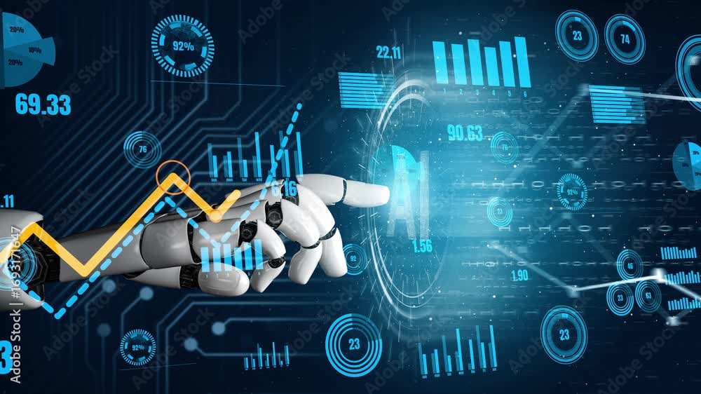 Poster a robotic hand reaches toward floating digital graphs, symbolizing the integration of technology and