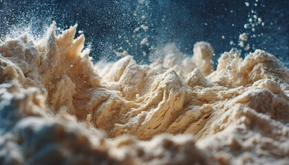 Macro shot of dough, flour mixed in kneading machine. Close-up detail texture of ingredients, dynamic movement within bowl. Dust particles visible, process of bread making, baking
