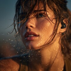 Close-up of a woman with wet hair and earbuds, sunlight on her face. In ear headphones.
