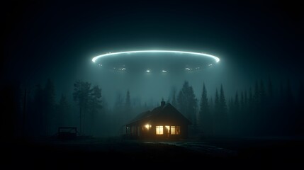 A mysterious scene featuring a house illuminated at night with a glowing UFO hovering above it, surrounded by dark trees and fog