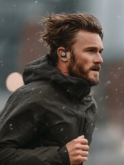 Man jogging in the rain wearing a black jacket and earbuds.
