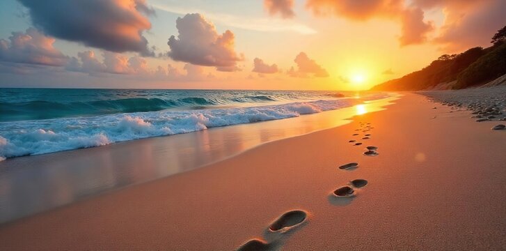 Footprints in the sand on a pristine beach at sunset, leading towards the ocean  Gentle waves lap the shore, leaving a tranquil scene  Perfect for travel, summer, vacation themes , sand, sandals
