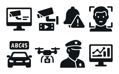 Security and surveillance silhouette icon set. featuring monitor, camera, alert, face recognition, license plate, and drone.