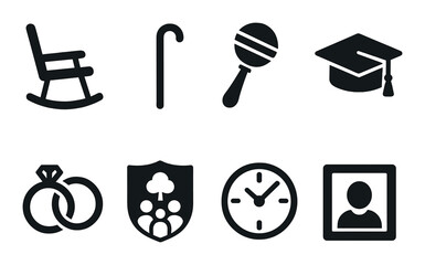 Family life silhouette icon set. featuring rocking chair, walking stick, rattle, graduation cap, rings, family crest, clock, portrait.