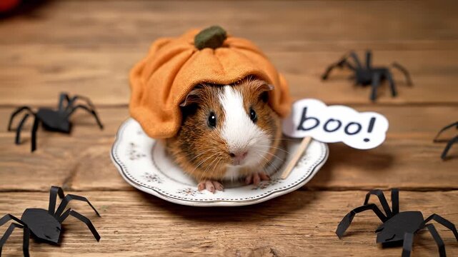 Adorable guinea pig wearing a pumpkin hat sits on a decorative plate, surrounded by playful spiders and a sign, showcasing a whimsical Halloween-themed scene