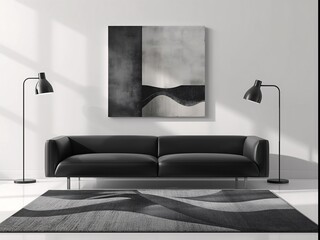 Minimalist living room with black sofa and monochrome artwork