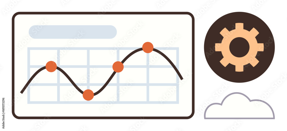 Aufkleber line chart with data points on a grid, gear symbol, and cloud icon. ideal for analytics, optimizatio