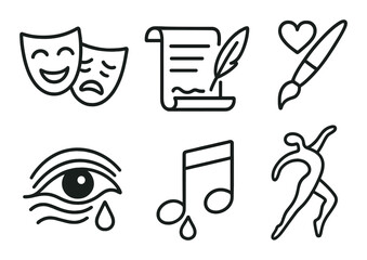 Arts and culture linear icon set. featuring theater masks, script, paintbrush, eye, music note, and dance symbols.