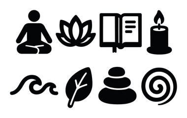 Wellness and relaxation silhouette icon set. featuring meditation, lotus, book, candle, waves, leaf, stones, spiral.