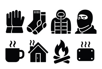 Winter essentials silhouette icon set. featuring gloves, socks, jacket, balaclava, mug, house, fire, heater.