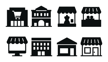Shops and marketplaces silhouette icon set. featuring mall, boutique, kiosk, storefront, and department store symbols.