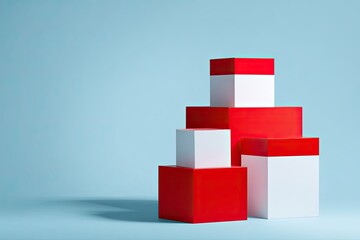 Red and white geometric shapes on a light blue background