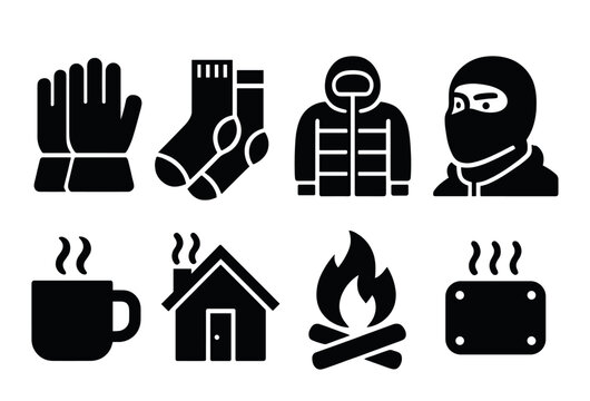 Winter essentials silhouette icon set. featuring gloves, socks, jacket, balaclava, mug, house, fire, heater.