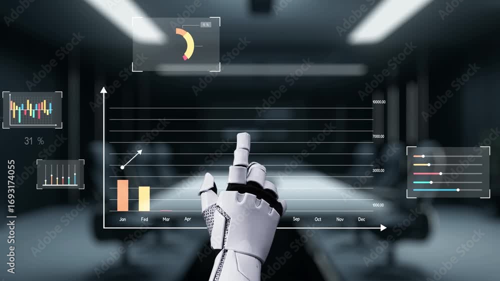 Poster a robotic hand interacts with dynamic graphs and charts in a sleek office setting, highlighting the 