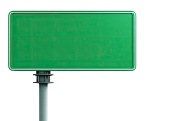 Empty green highway sign on a gray metal pole