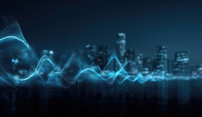Abstract city skyline at night with digital wave patterns