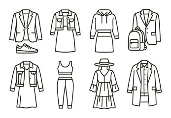 Fashion linear icon set. featuring jacket, dress, hoodie, backpack, sneakers, hat, and pants symbols.