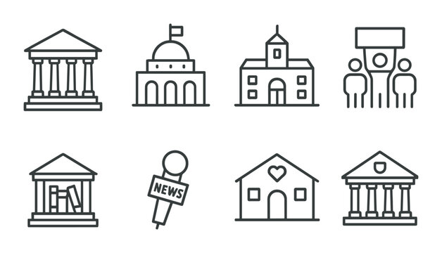 Community and civic engagement linear icons set. featuring court, government, church, protest, library, news, charity, forum.