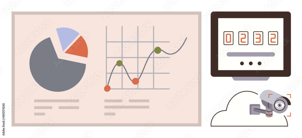 Poster pie chart, line graph on board, counter display, and cloud-linked security camera. ideal for busines